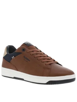 Tennis cognacs et bleues marine à semelle plate blanche et à lacets plats