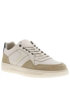 Tennis en cuir blanches et beiges avec logos dorés et semelle translucide