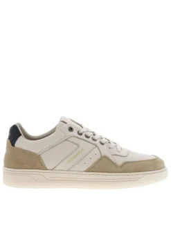 Tennis en cuir blanches et beiges avec logos dorés et semelle translucide