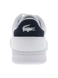 Tennis en cuir blanches et bleues avec un talon plat et des lacets