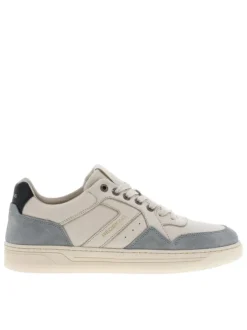 Tennis en cuir blanches et bleues à semelle translucide avec logos dorés