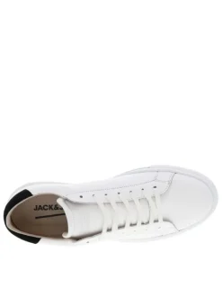 Tennis en cuir blanc à talon plat avec chevillière contrastée et lacets plats blancs