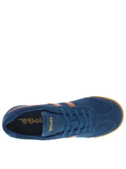 Tennis en cuir bleues en daim à empiècements rouges brique et à lacets plats