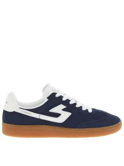 Tennis en cuir bleues marine et blanches en suède à semelle plate miel