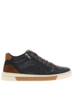 Tennis en cuir bleu marine avec une fermeture zippée et des lacets