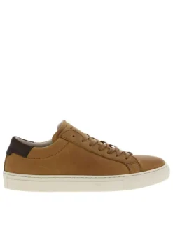Tennis en cuir cognac à talon plat avec chevillière contrasté marron et lacets plats ton sur ton