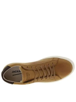 Tennis en cuir cognac à talon plat avec chevillière contrasté marron et lacets plats ton sur ton