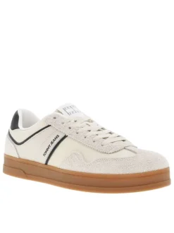 Tennis en cuir écrues à détails bleus marine à semelle plate et à lacets plats
