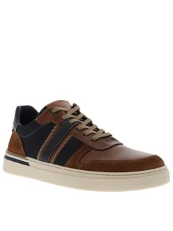 Tennis en cuir jean et tan à talon plat avec des lacets taupe