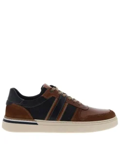 Tennis en cuir jean et tan à talon plat avec des lacets taupe