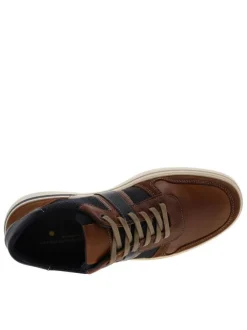 Tennis en cuir jean et tan à talon plat avec des lacets taupe