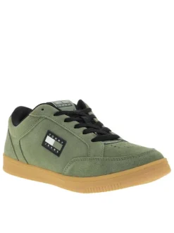 Tennis en cuir kaki avec semelle à talon plat et lacets contrastés