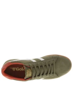 Tennis en cuir kakis en daim à empiècements blancs et à lacets plats