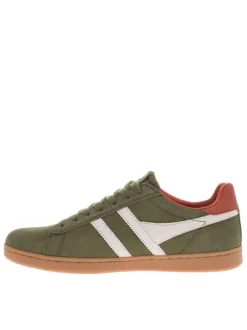 Tennis en cuir kakis en daim à empiècements blancs et à lacets plats