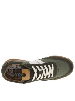 Tennis en cuir kaki à talon plat avec des lacets plats blancs