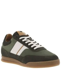 Tennis en cuir kaki à talon plat avec des lacets plats blancs