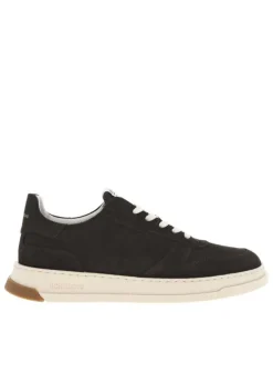 Tennis en cuir nubuck chocolat à talon plat avec des lacets blancs