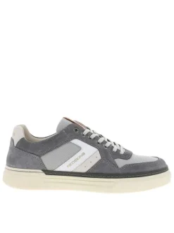 Tennis grises en cuir à talon plat avec des lacets et logo imprimé