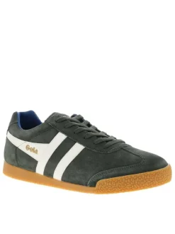 Tennis kaki en cuir nubuck avec un talon plat et des lacets