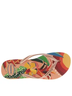 Tongs Slim Tropical saumon avec logo métallique et un imprimé floral