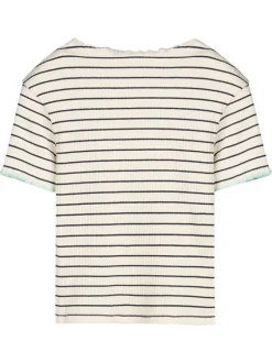 Top en coton beige à coupe ajustée orné d'un motif à rayures horizontales