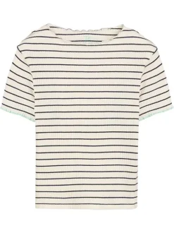 Top en coton beige à coupe ajustée orné d'un motif à rayures horizontales