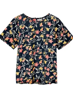 Top marine fleuri coupe droite col rond et des manches courtes
