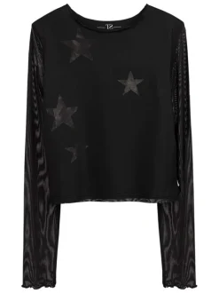 Top noir à motifs étoilés et à col rond avec des manches longues en resille
