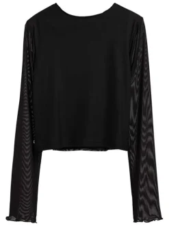 Top noir à motifs étoilés et à col rond avec des manches longues en resille