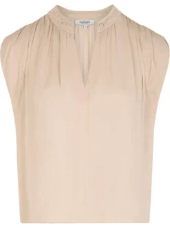 Top beige clair uni chic pourvu d'une coupe droite et d'un col en V