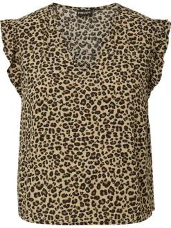 Top beige à motif animalier avec une coupe droite et un col V