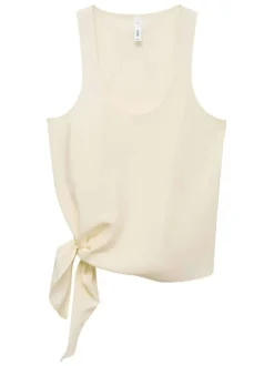 Top beige uni avec une coupe droite sans manches et un col rond