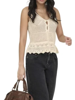 Top beige uni sans manche pourvu d'une coupe évasée et d'un col v