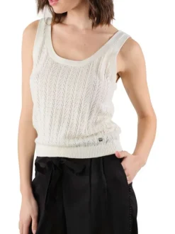 Top blanc uni avec une coupe droite un col rond et sans manches