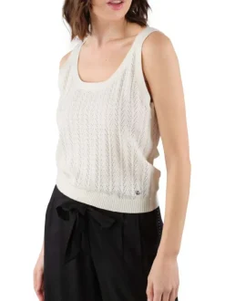 Top blanc uni avec une coupe droite un col rond et sans manches
