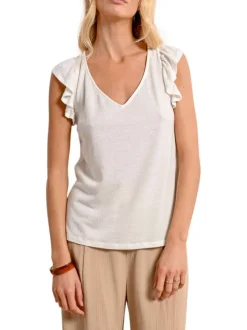 Top blanc uni avec une coupe droite un col v et des manches courtes