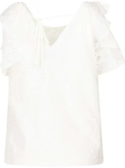 Top blanc uni en dentelle avec une coupe droite et un col rond