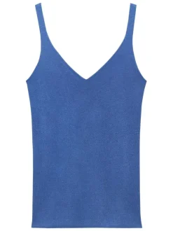 Top bleu uni avec une coupe droite à col v et des bretelles