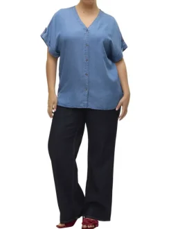 Top boutonné bleu indigo uni aspect denim à coupe droite fluide et à col v