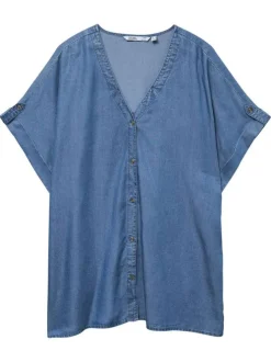 Top boutonné bleu indigo uni aspect denim à coupe droite fluide et à col v