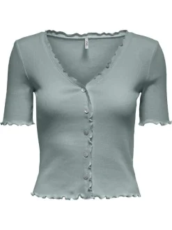 Top boutonné en coton vert côtelé avec une coupe près du corps et un col v