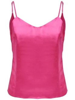 Top à bretelles fuchsia satiné avec un col v arrondi et une coupe droite