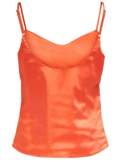 Top à bretelles orange uni avec un effet satiné et un col v arrondi