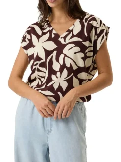 Top brun à motifs pourvu de manches courtes et d'une coupe droite