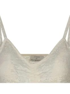 Top écru en dentelle ajourée avec col en v et coupe évasée