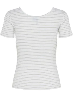 Top en coton biologique blanc rayé à coupe près du corps et à col décolleté rond