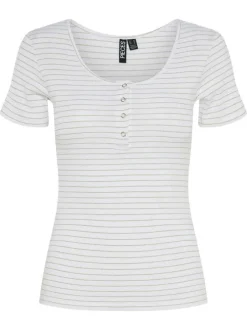 Top en coton biologique blanc rayé à coupe près du corps et à col décolleté rond