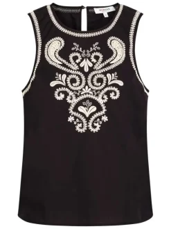 Top en coton black uni pourvu d'une coupe droite et d'un col rond