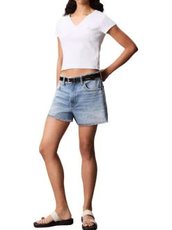 Top en coton blanc uni à col v et à coupe courte avec un patch à la poitrine