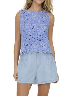 Top en coton bleu uni avec une coupe droite et un col rond